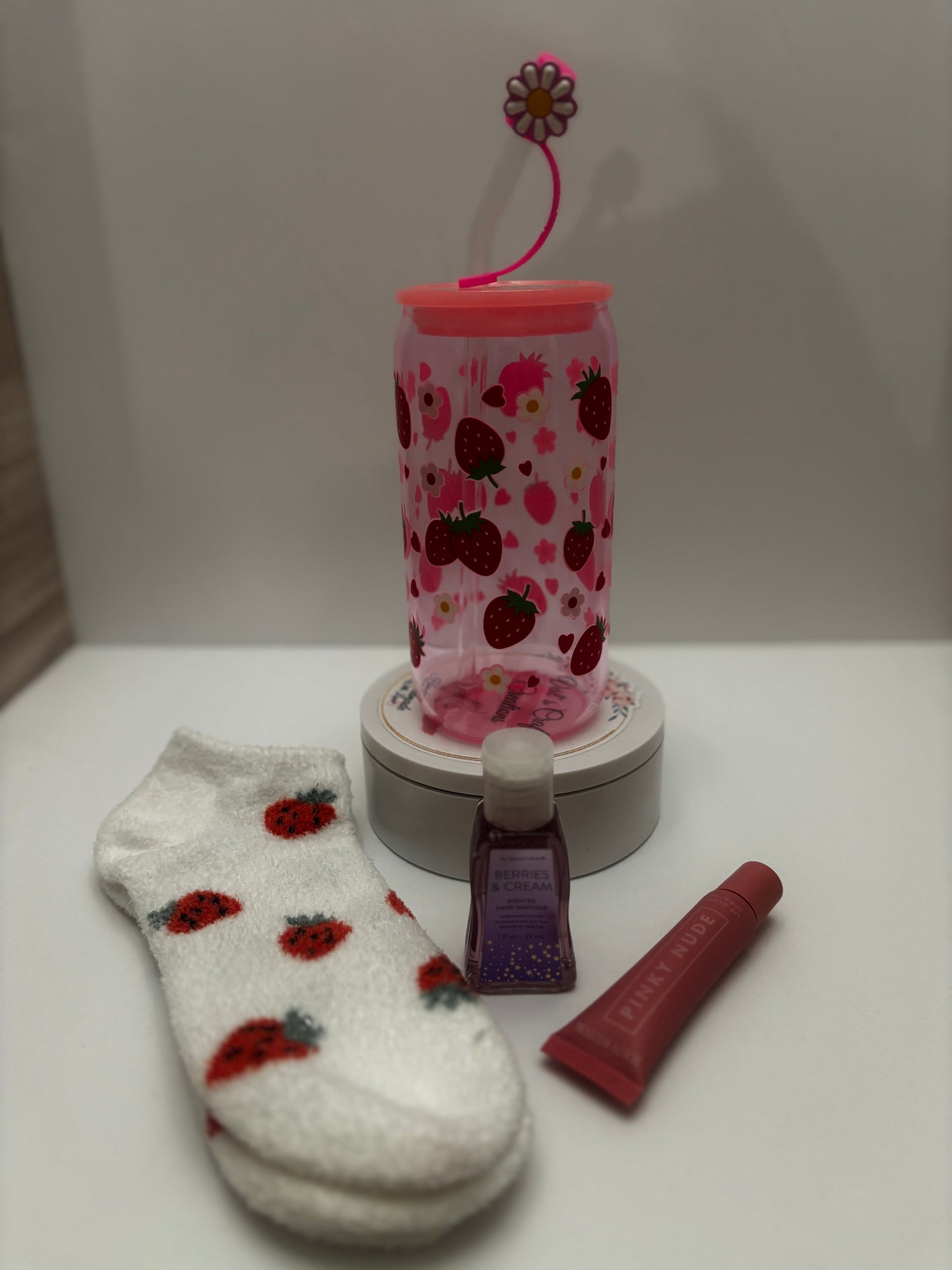 Berry Whimsy Sip & Care Bundle – 16 oz Strawberry Tumbler - Socks, Lip Gloss and Sanitizer