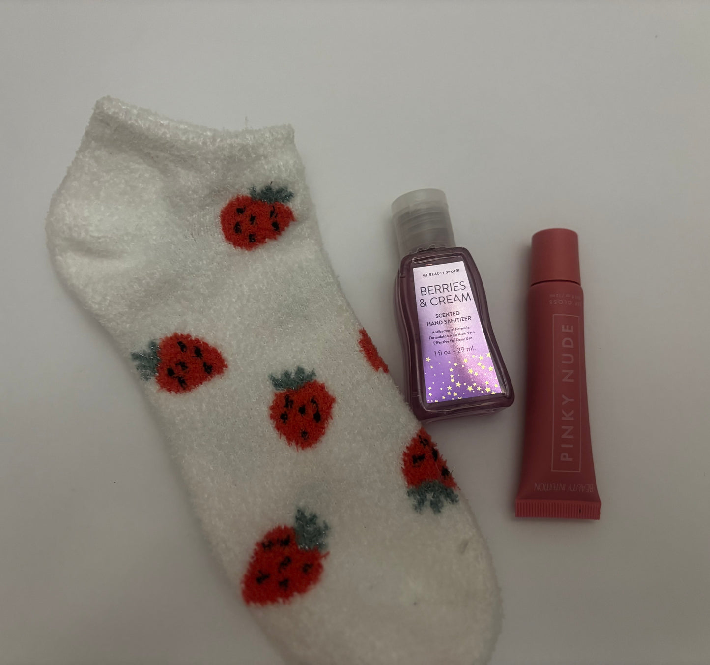 Berry Whimsy Sip & Care Bundle – 16 oz Strawberry Tumbler - Socks, Lip Gloss and Sanitizer