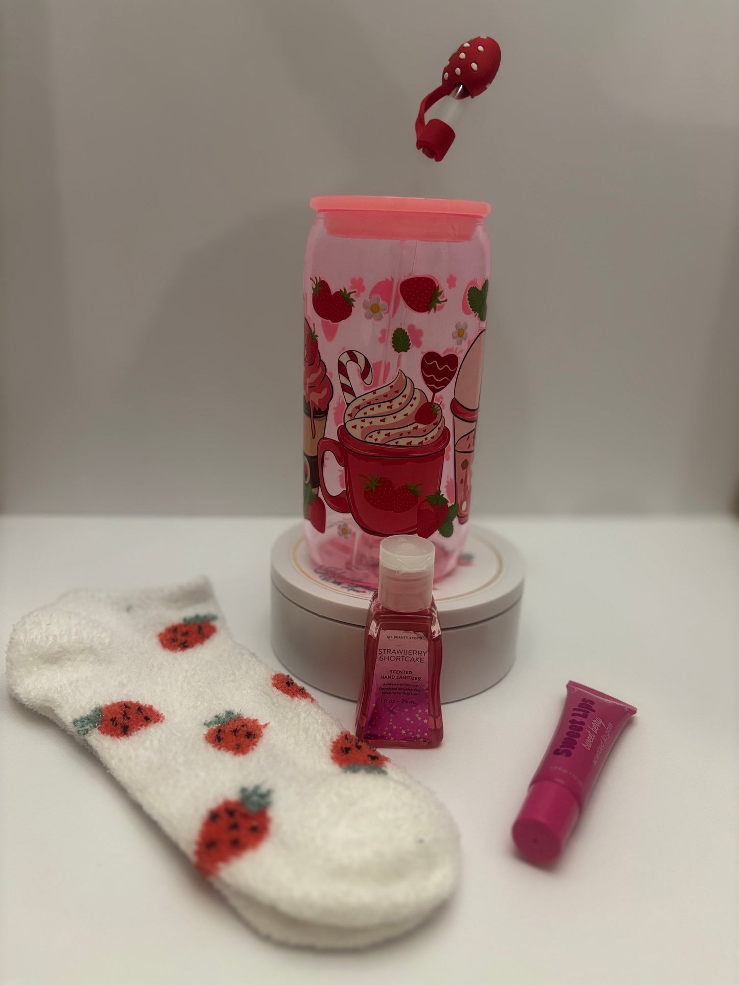 Berry Whimsy Sip & Care Bundle – 16 oz Strawberry Tumbler - Socks, Lip Gloss and Sanitizer