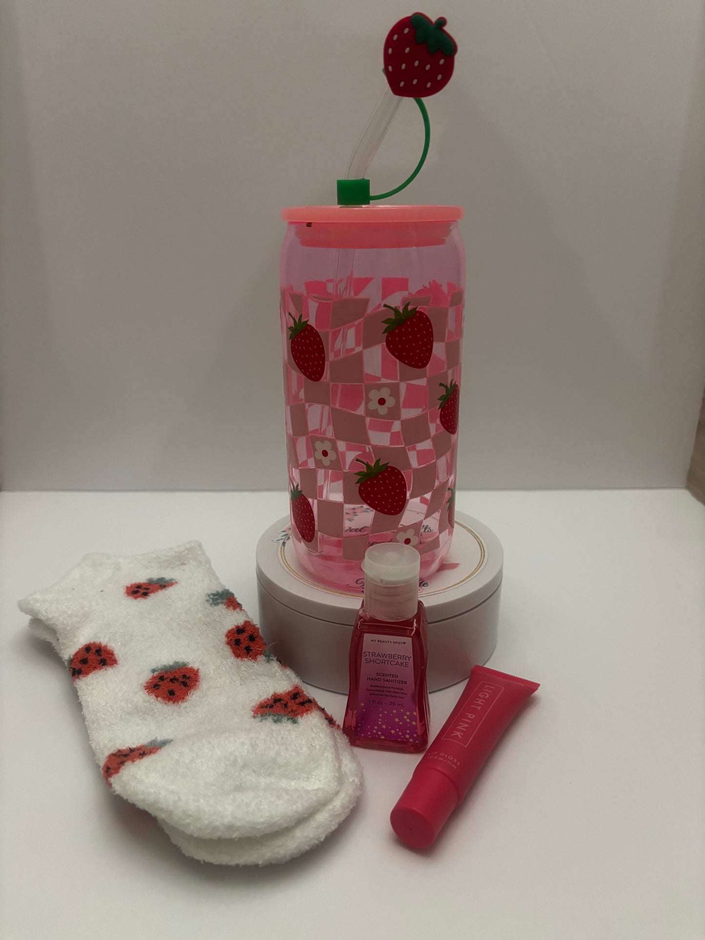 Berry Whimsy Sip & Care Bundle – 16 oz Strawberry Tumbler - Socks, Lip Gloss and Sanitizer