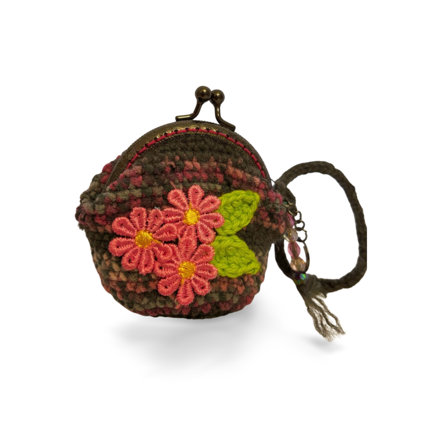 Multicolor Crochet Coin Purse with Floral Design • Handmade with Clasp Frame & Crocheted Handle