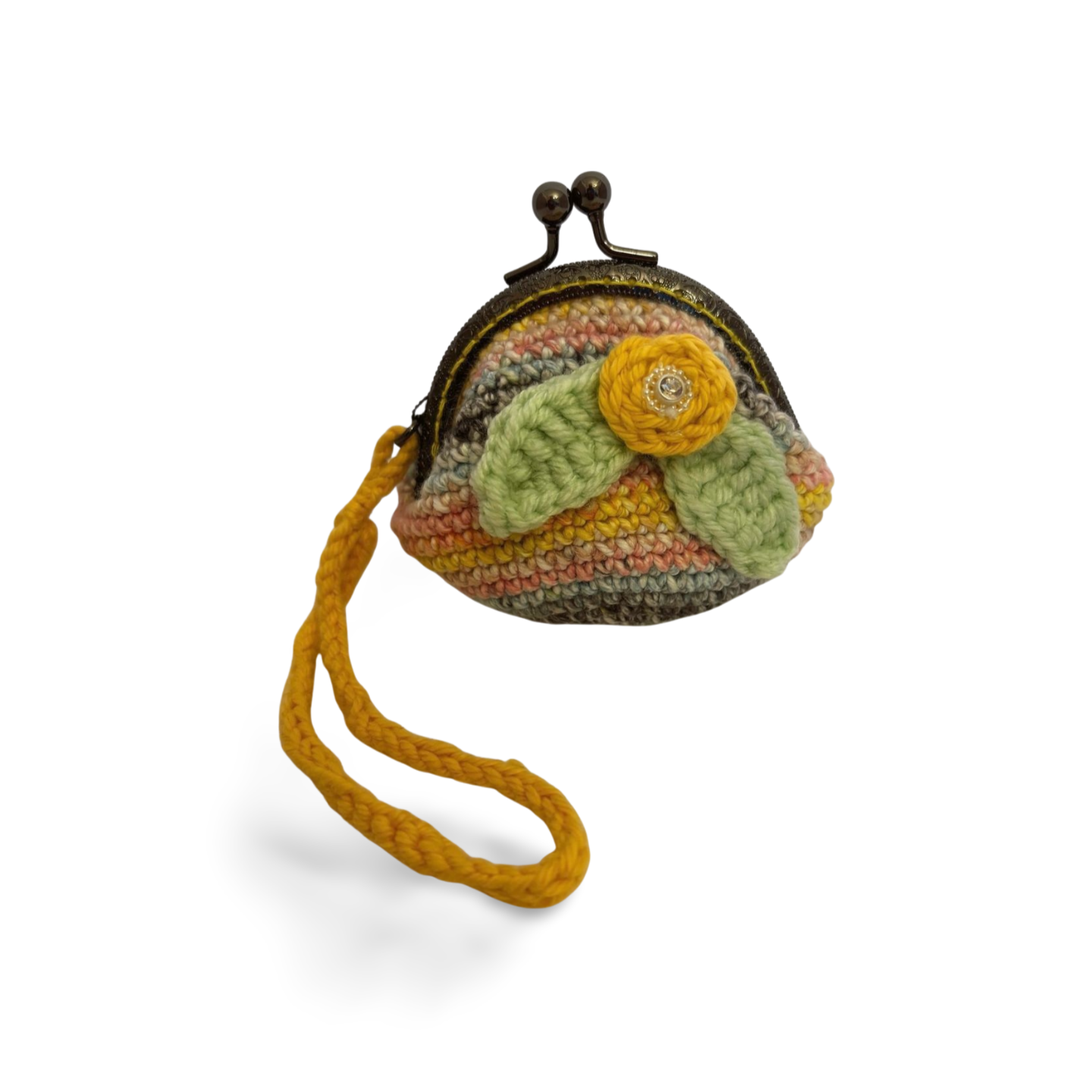 Multicolor Crochet Coin Purse with Floral Design • Handmade with Clasp Frame & Crocheted Handle