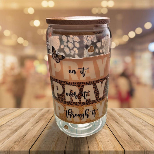 Inspire Your Day: 15 oz Glass Tumbler with Bamboo Lid & Glass Straw- Pray on it, Pray over it