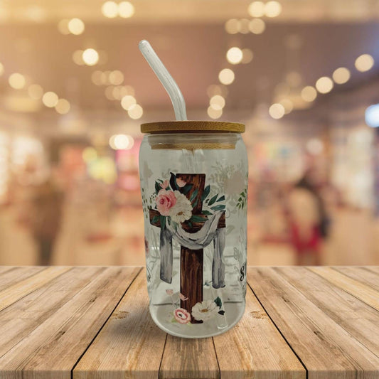 Glass Tumbler with Bamboo Lid and Clear Glass Straw- All its Well with my Soul