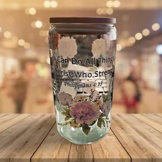 Glass Tumbler with Bamboo Lid and Clear Straw- I can do all things