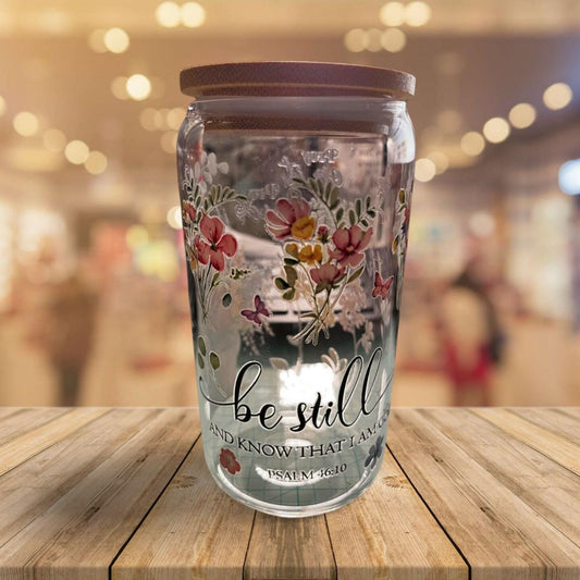 Glass Tumbler with Bamboo Lid and Clear Straw- Be still and know