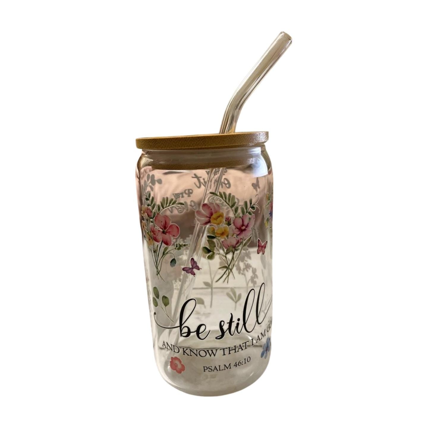 Glass Tumbler with Bamboo Lid and Clear Straw- Be still and know