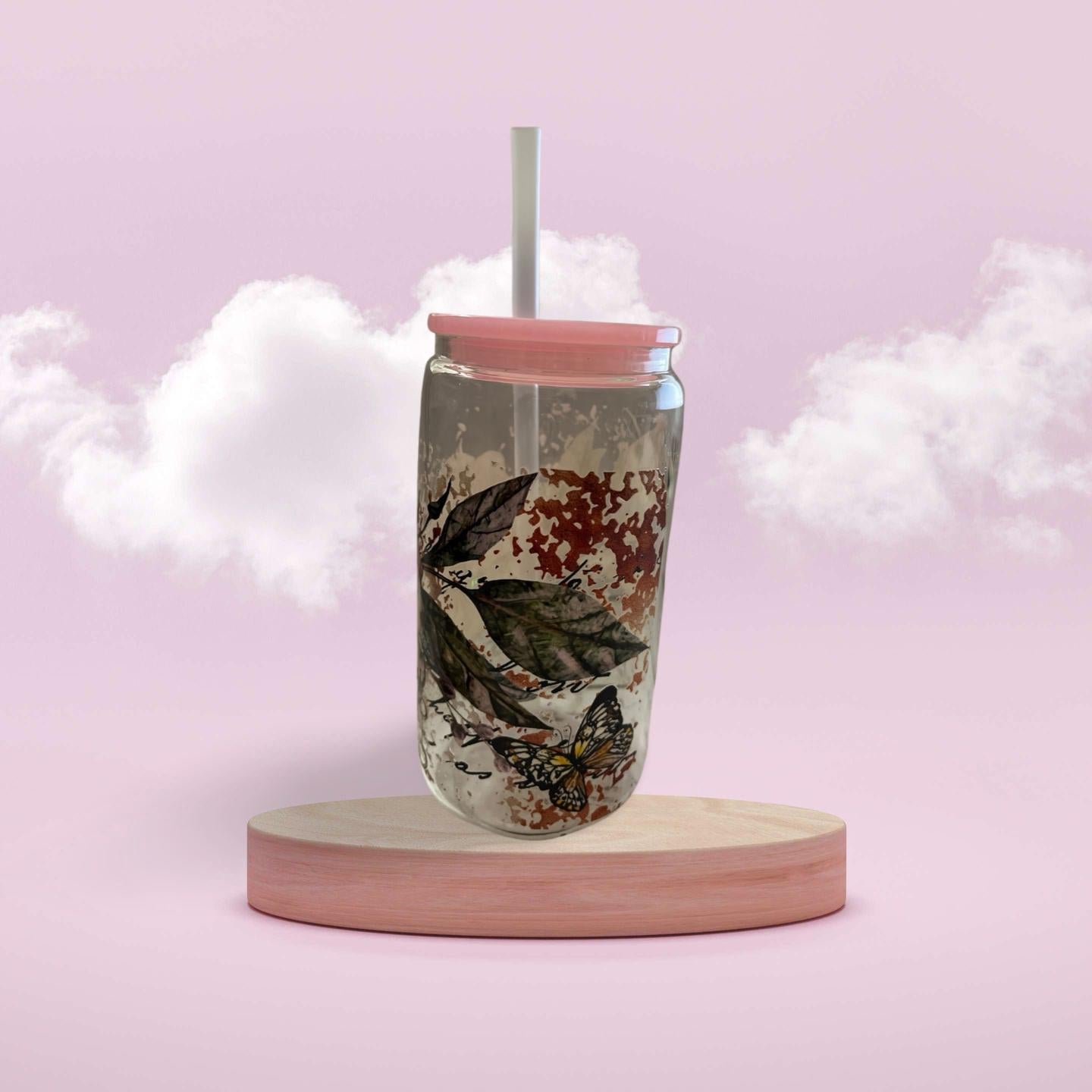 Glass Tumbler with pink lid 2
