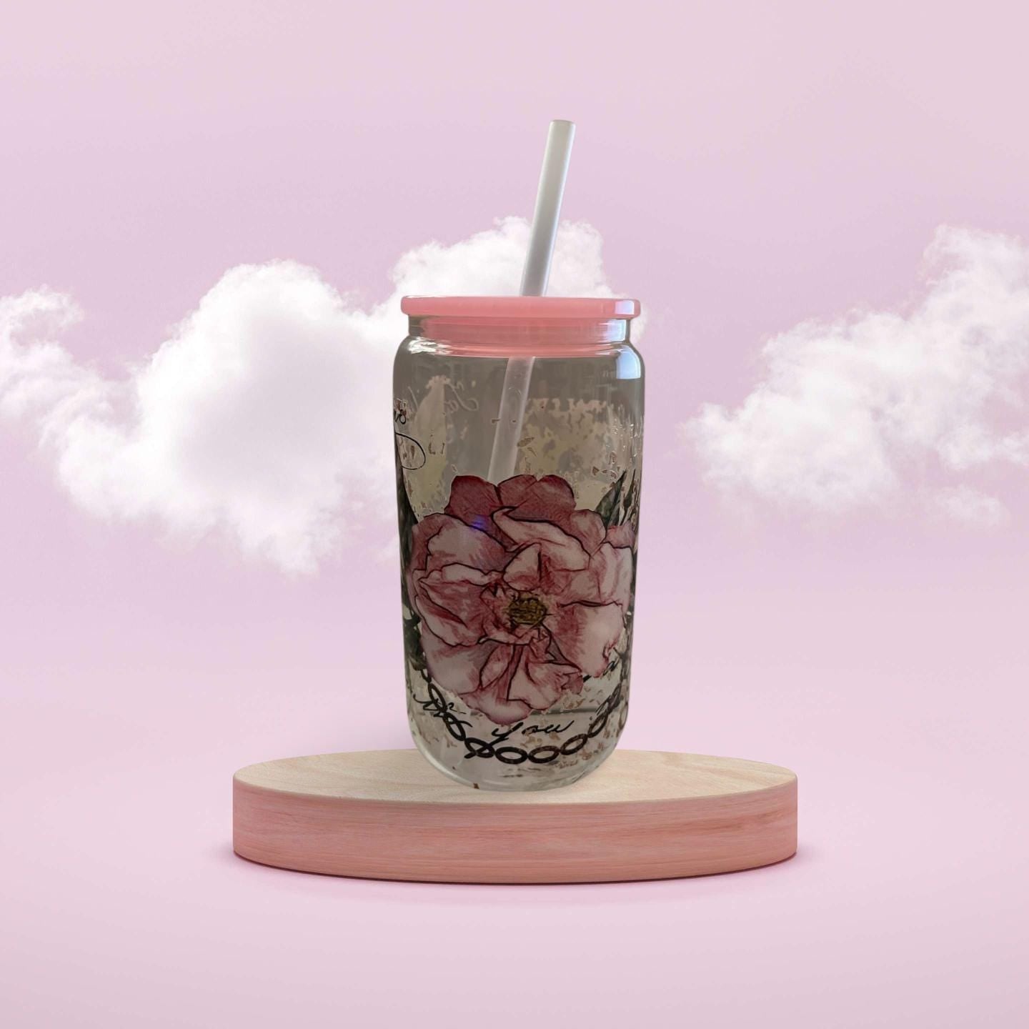 Glass Tumbler with pink lid 2