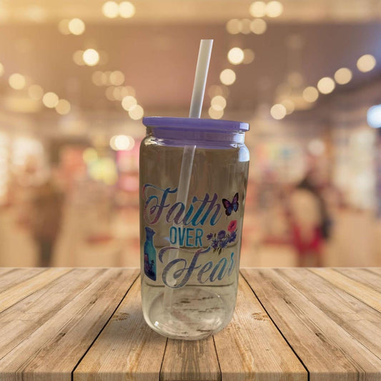 Glass Tumbler with Purple lid and plastic Straw