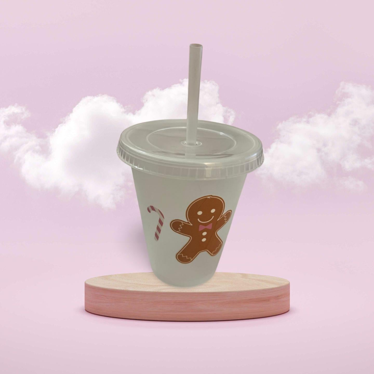 16 oz Clear Plastic Cup with Lid and Straw- Gingerbread Man
