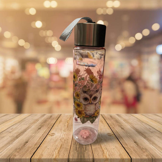 Chic Hydration: 18 oz Clear Pink Plastic Water Bottle- owl 3