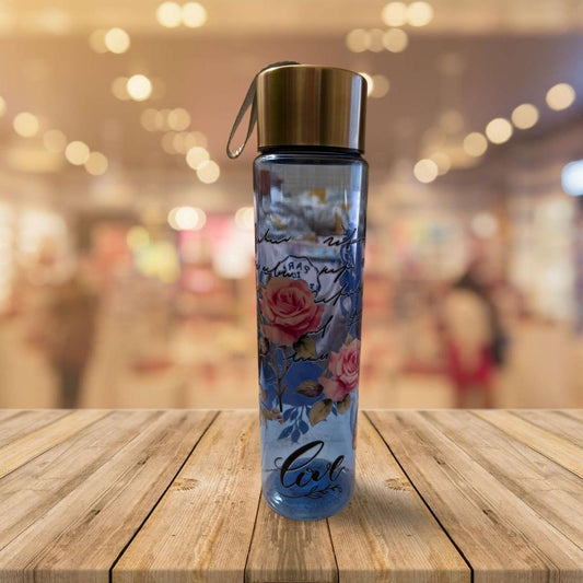 Chic Hydration: 18 oz Clear Blue Plastic Water Bottle- Love