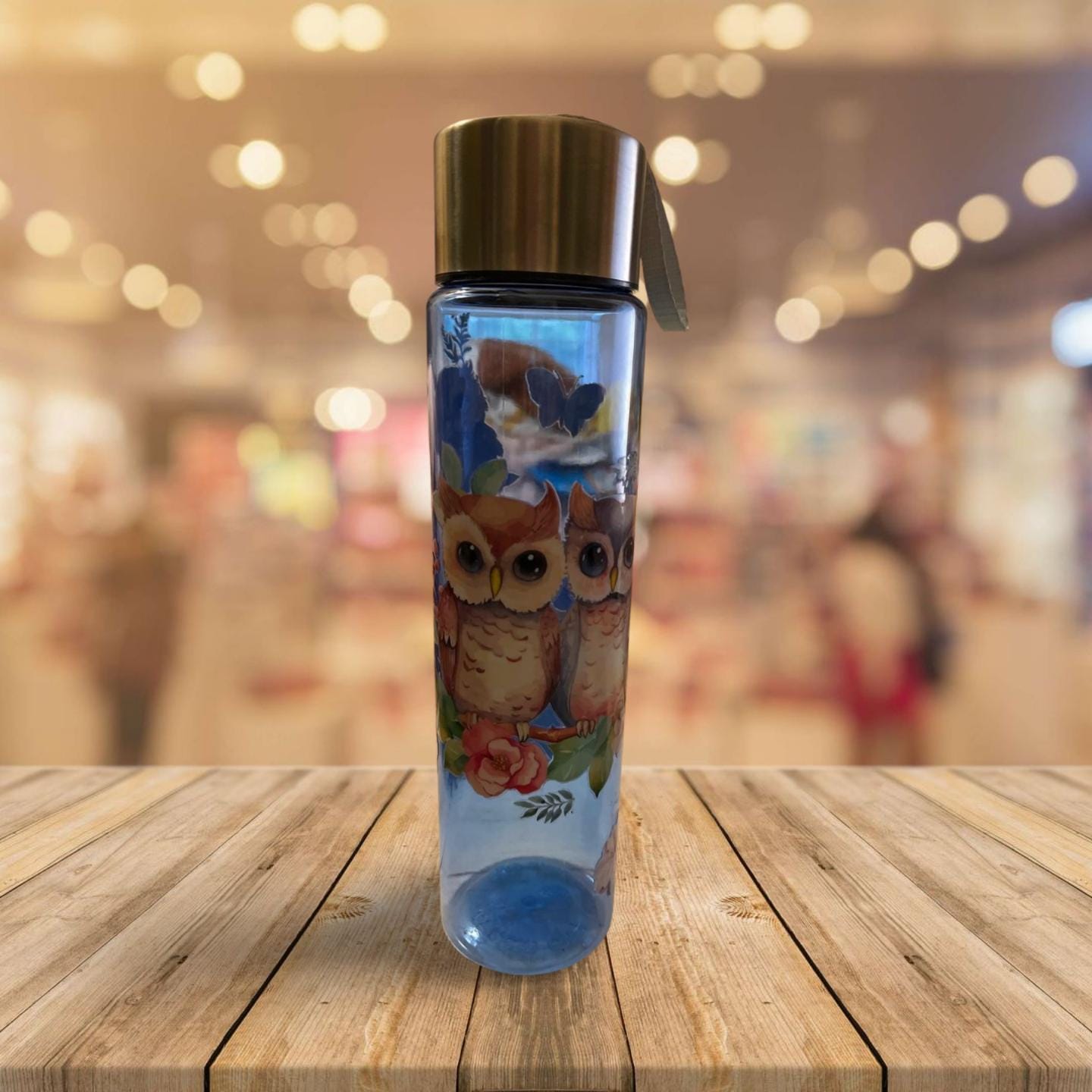 Chic Hydration: 18 oz Clear Blue Plastic Water Bottle- Owl 2