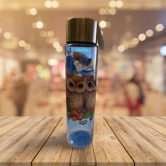Chic Hydration: 18 oz Clear Blue Plastic Water Bottle- Owl 2