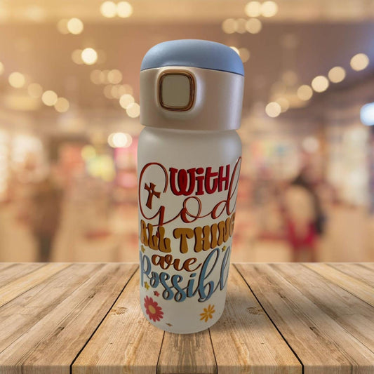 15 oz Frosted Glass Water Bottle with Blue Lid- With God all things are possible