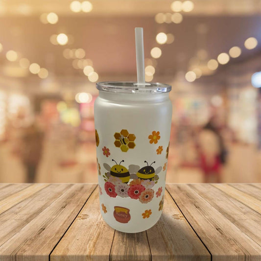 16 oz Frosted Glass Can with Lid and Straw- Flowers and bees