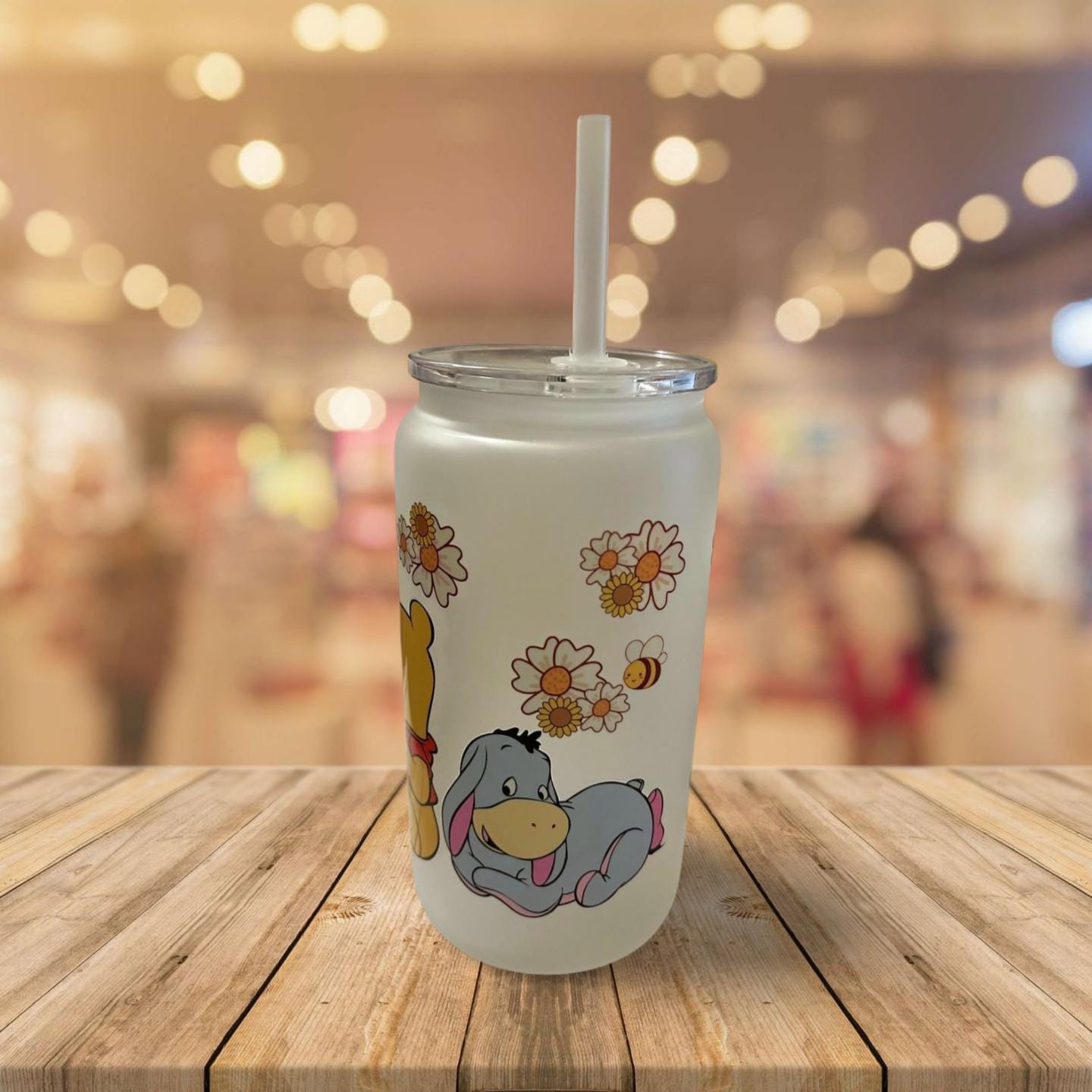 16 oz Frosted Glass Can with Lid and Straw- Winnie the Pooh and friends