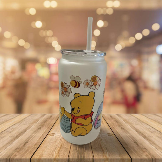 16 oz Frosted Glass Can with Lid and Straw- Winnie the Pooh and friends