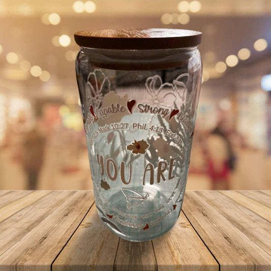 Glass Tumbler with Bamboo Lid and Clear Straw- You are capable, strong