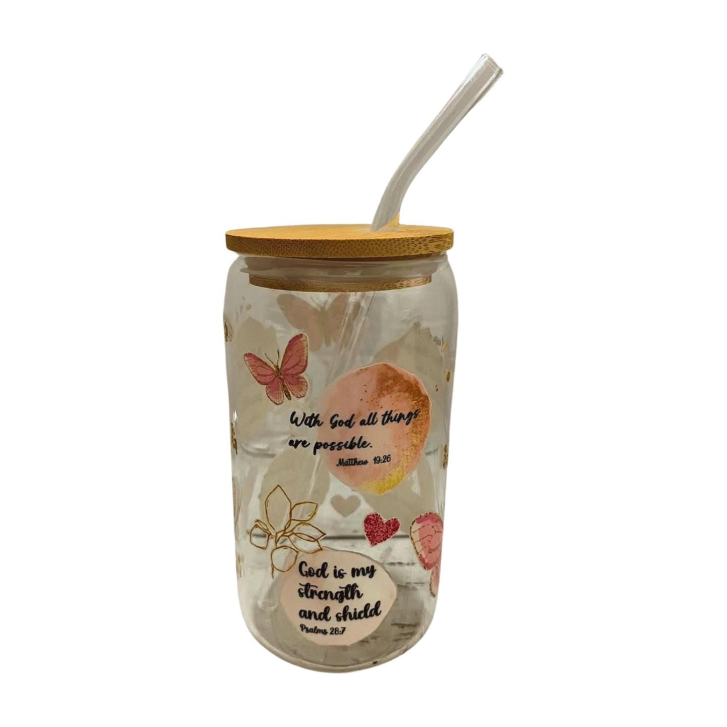 Inspire Your Day: 15 oz Glass Tumbler with Bamboo Lid & Straw