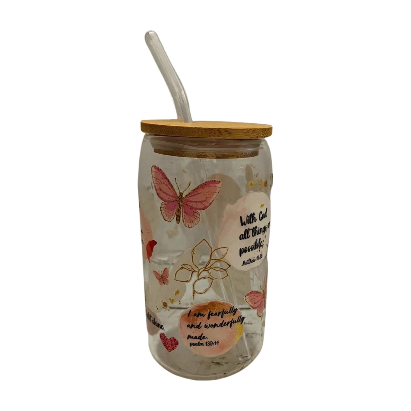 Inspire Your Day: 15 oz Glass Tumbler with Bamboo Lid & Straw