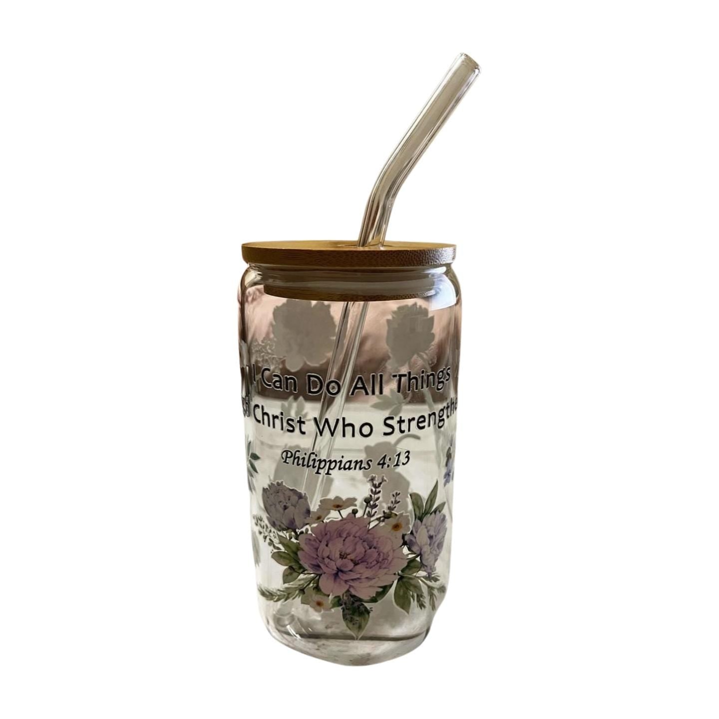 Glass Tumbler with Bamboo Lid and Clear Straw- I can do all things