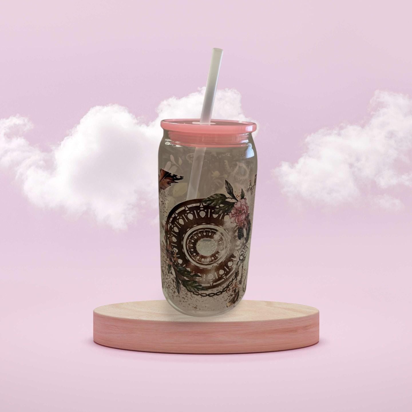 Glass Tumbler with pink Lid and plastic Straw