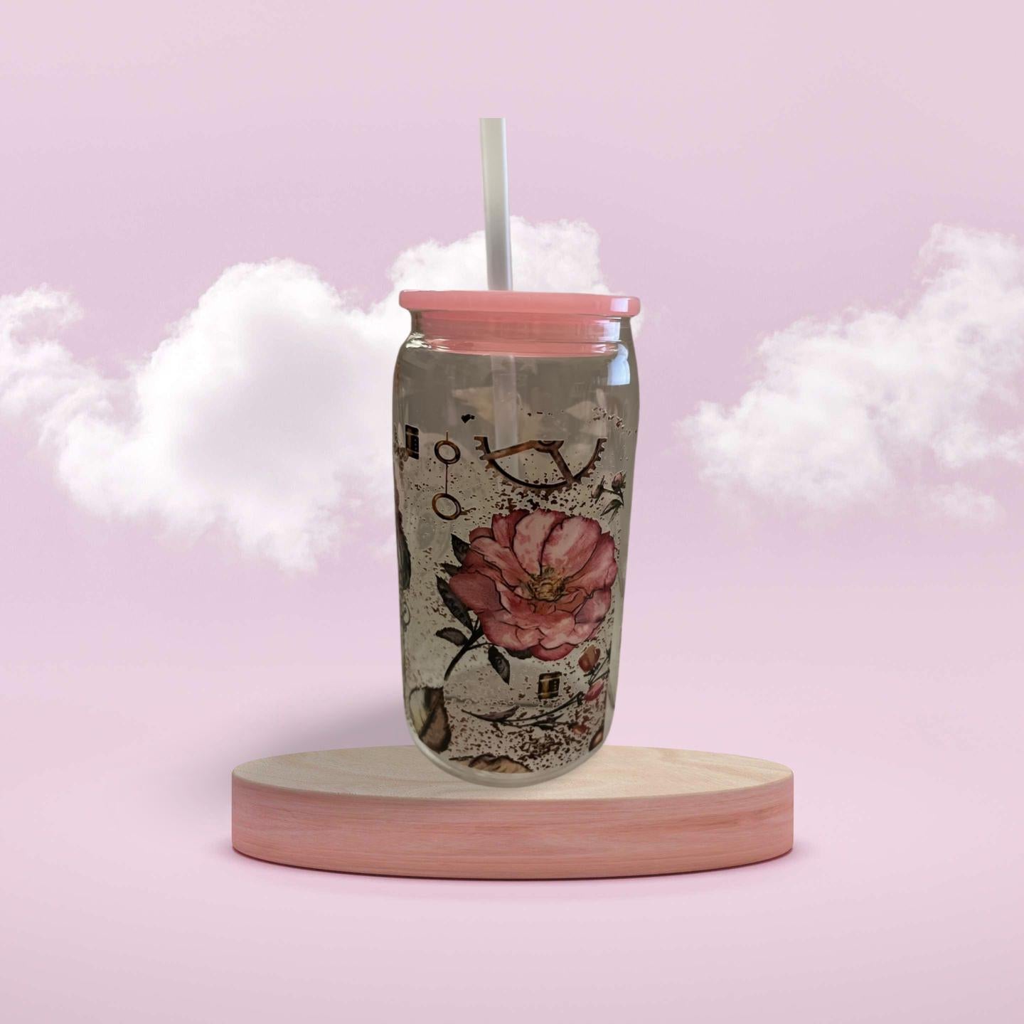 Glass Tumbler with pink Lid and plastic Straw