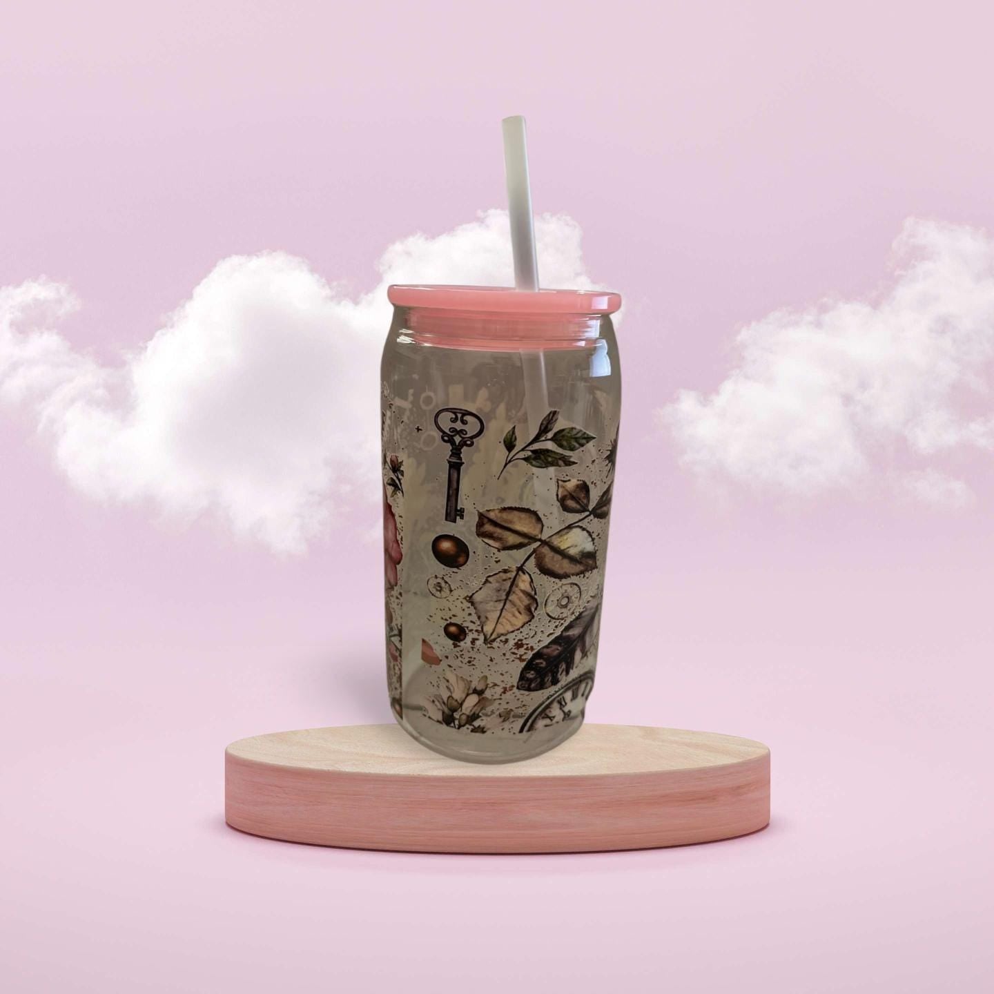 Glass Tumbler with pink Lid and plastic Straw
