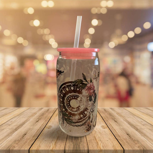 Glass Tumbler with pink Lid and plastic Straw