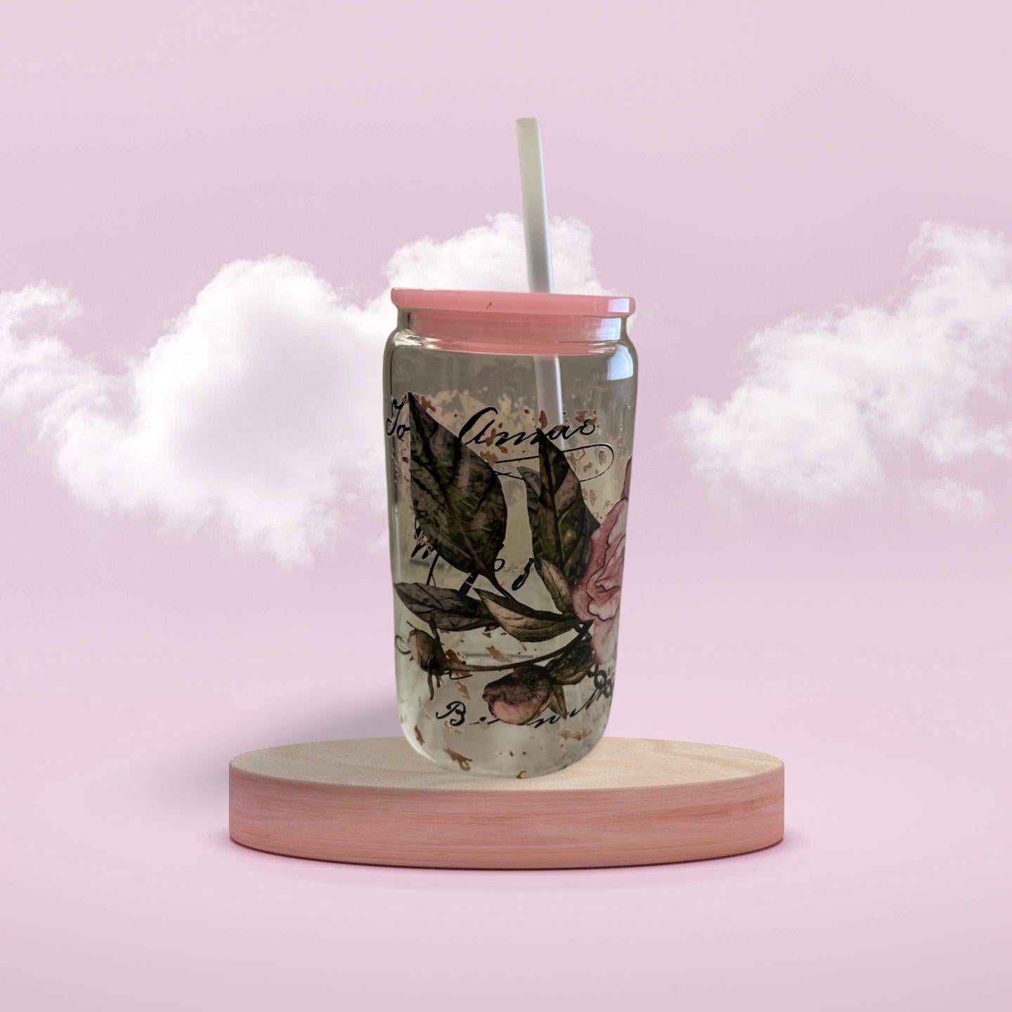 Glass Tumbler with pink lid 2