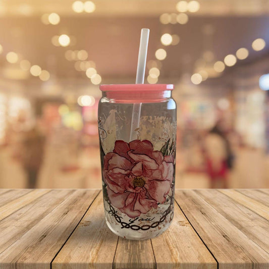 Glass Tumbler with pink lid 2