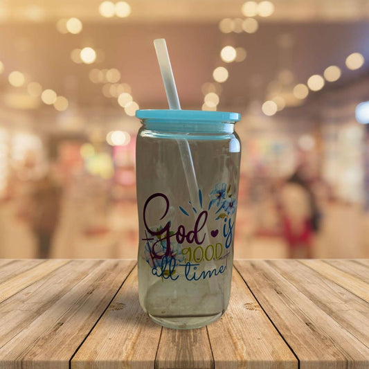 Glass Tumbler with blue Lid and plastic Straw