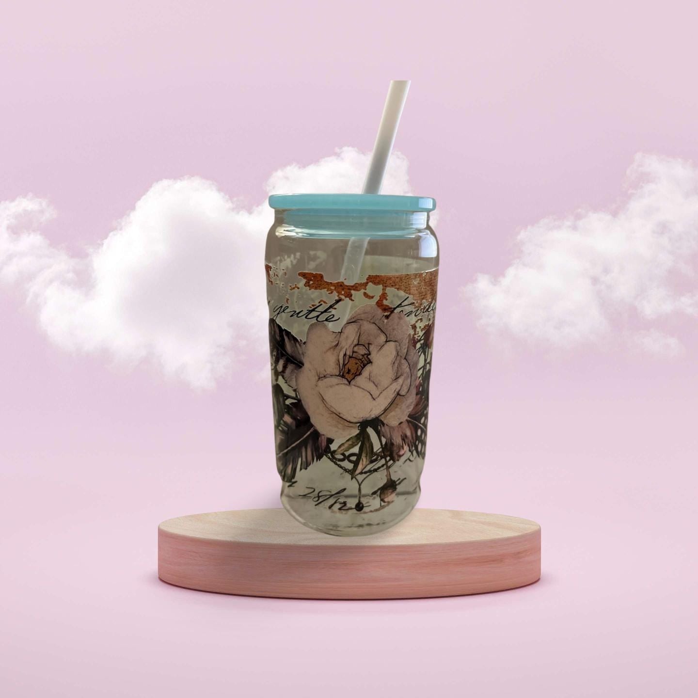 Glass Tumbler with Blue lid and plastic Straw 2
