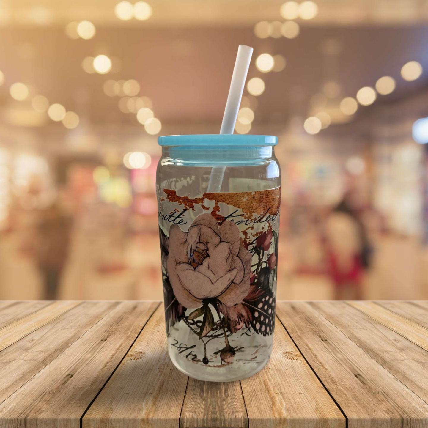 Glass Tumbler with Blue lid and plastic Straw 2