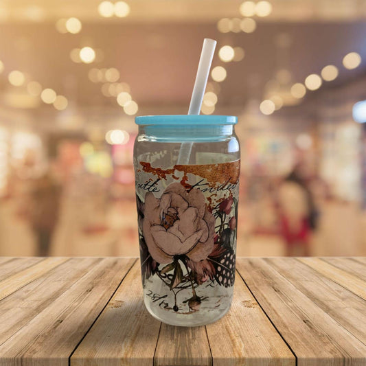 Glass Tumbler with Blue lid and plastic Straw 2