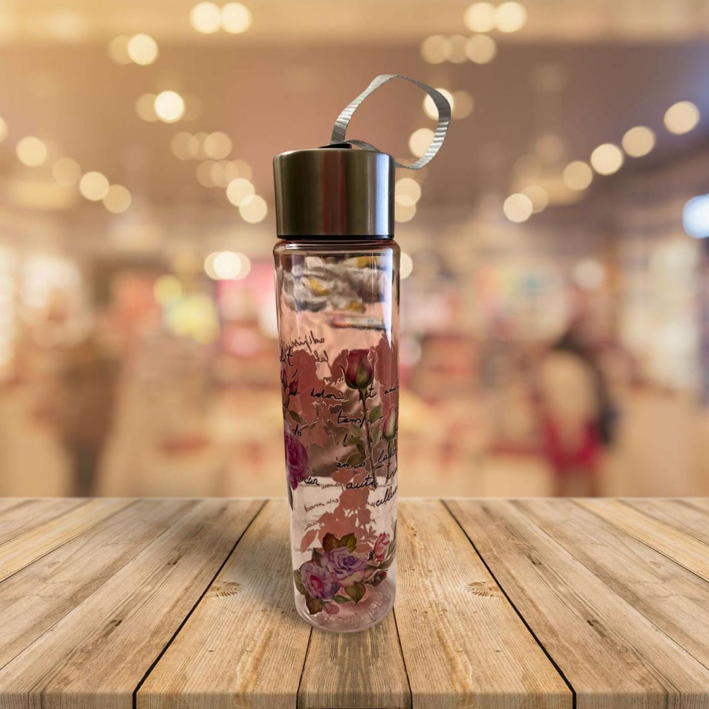Chic Hydration: 18 oz Clear Pink Plastic Water Bottle- Roses