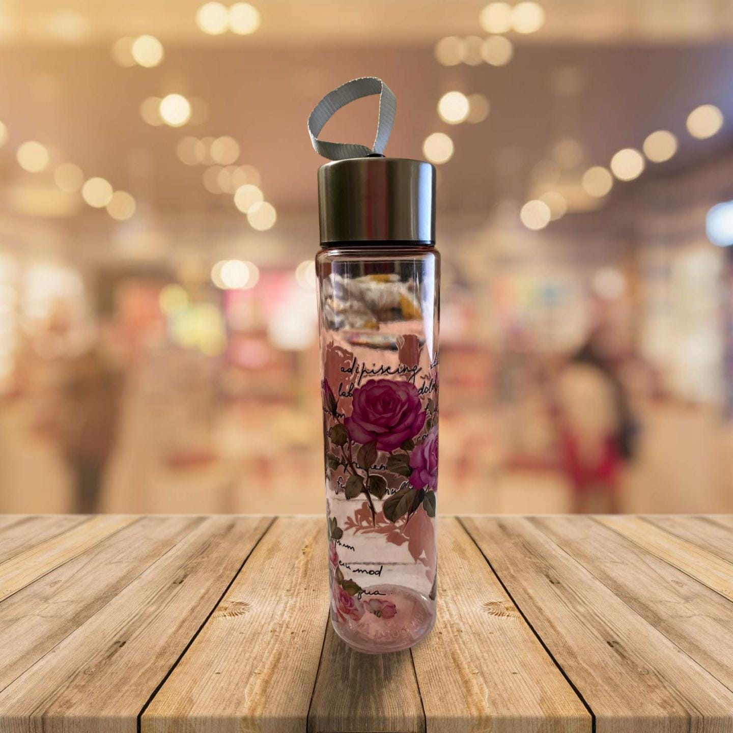 Chic Hydration: 18 oz Clear Pink Plastic Water Bottle- Roses