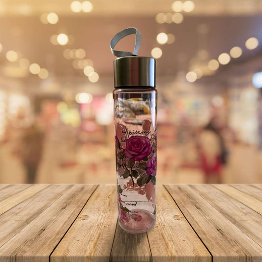 Chic Hydration: 18 oz Clear Pink Plastic Water Bottle- Roses