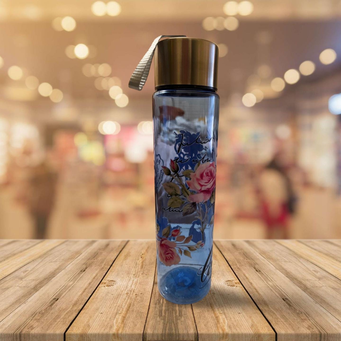 Chic Hydration: 18 oz Clear Blue Plastic Water Bottle- Love