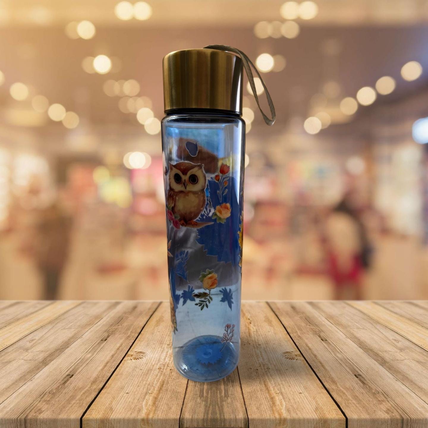 Chic Hydration: 18 oz Clear Blue Plastic Water Bottle- Owl 3