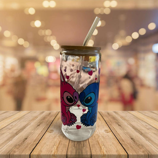 20 oz Clear Glass Cup with Bamboo Lid and Straw- Stitch 2