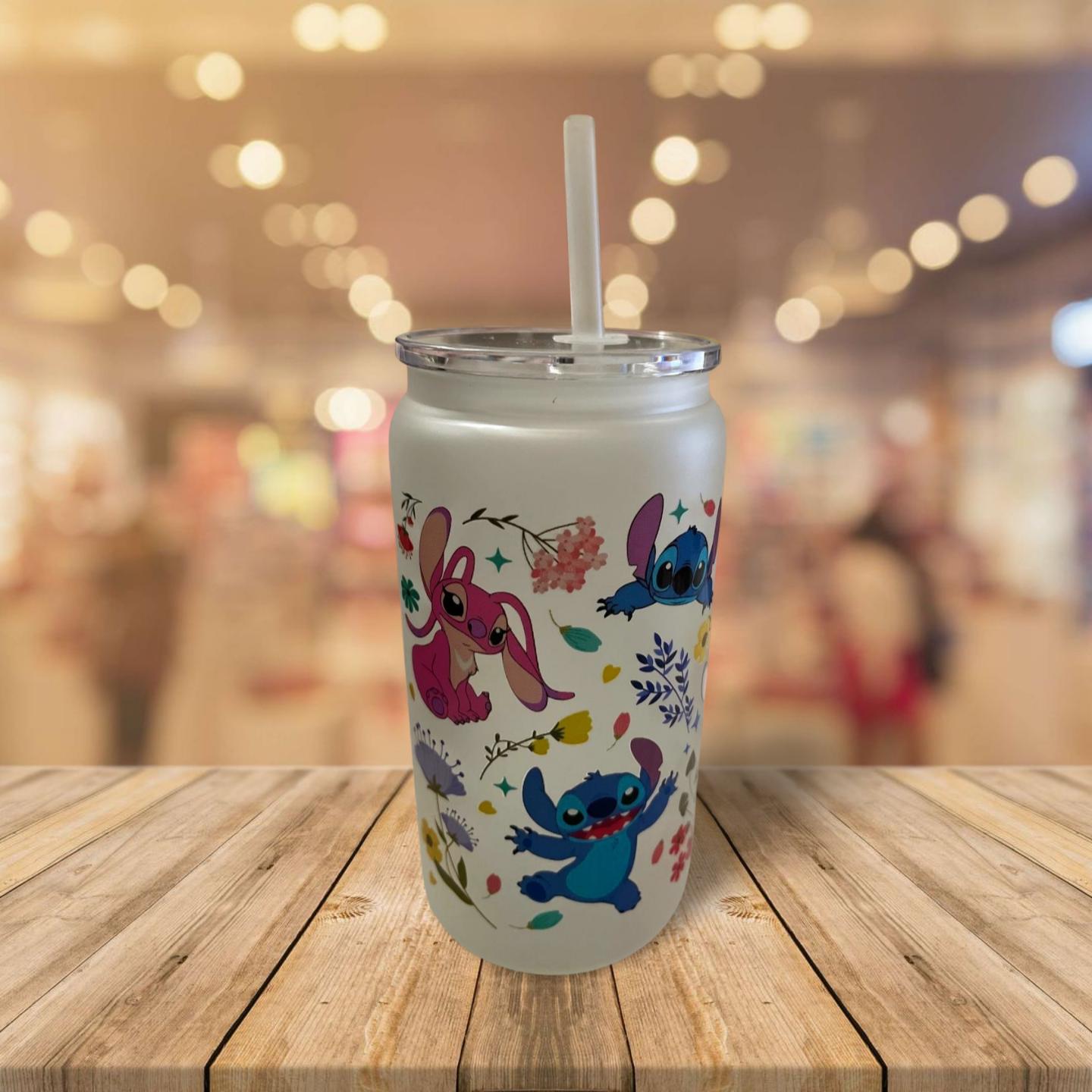 16 oz Frosted Glass Can with Lid and Straw- Stitch and Angel