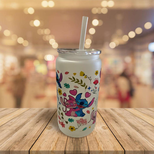 16 oz Frosted Glass Can with Lid and Straw- Stitch and Angel