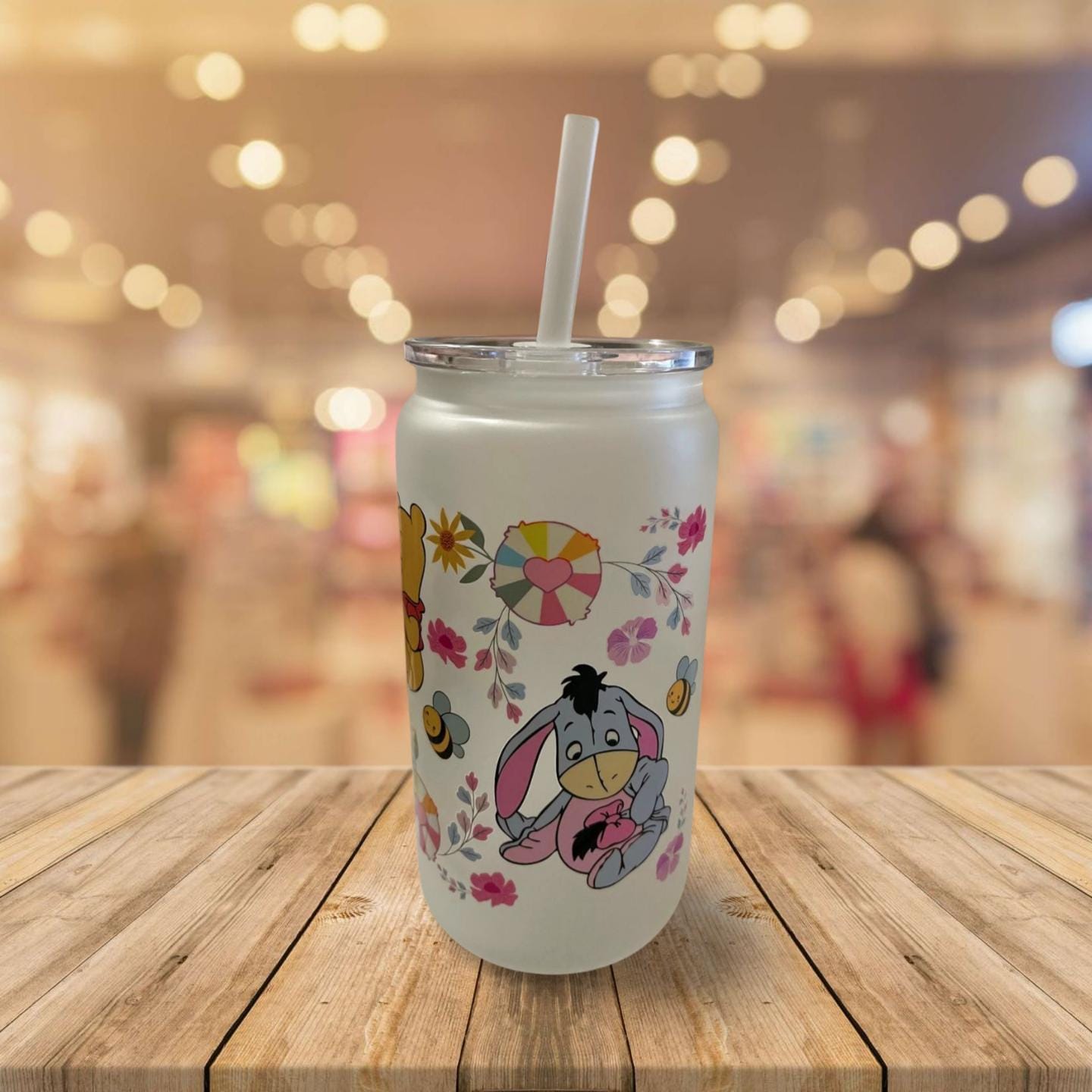 Sophisticated Sips: 16 oz Frosted Glass Can with Lid and Straw- Winnie the pooh