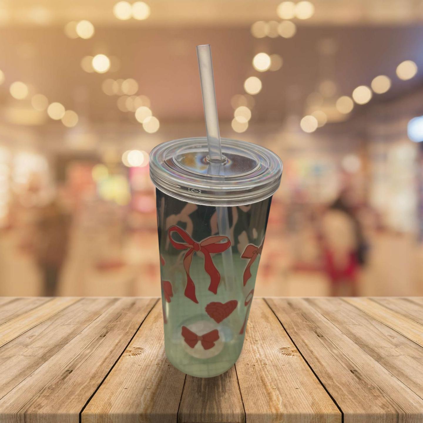 Clear Plastic Tumbler with Pink Bows Design