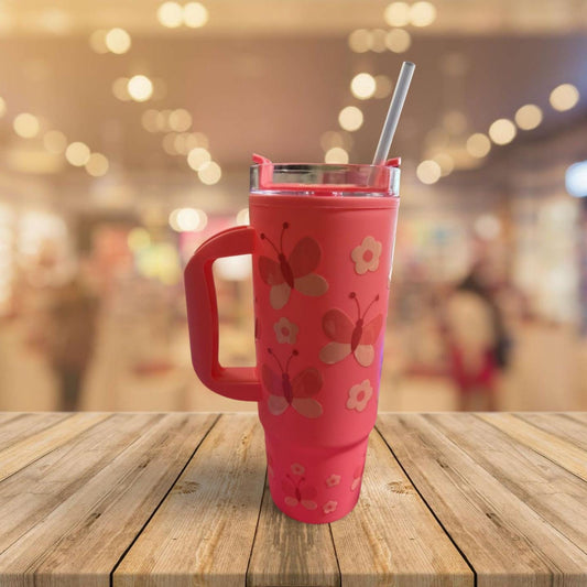 Versatile 20 oz Plastic Tumbler with Handle and Twist Lid - Available in Multiple Colors- Butterflies