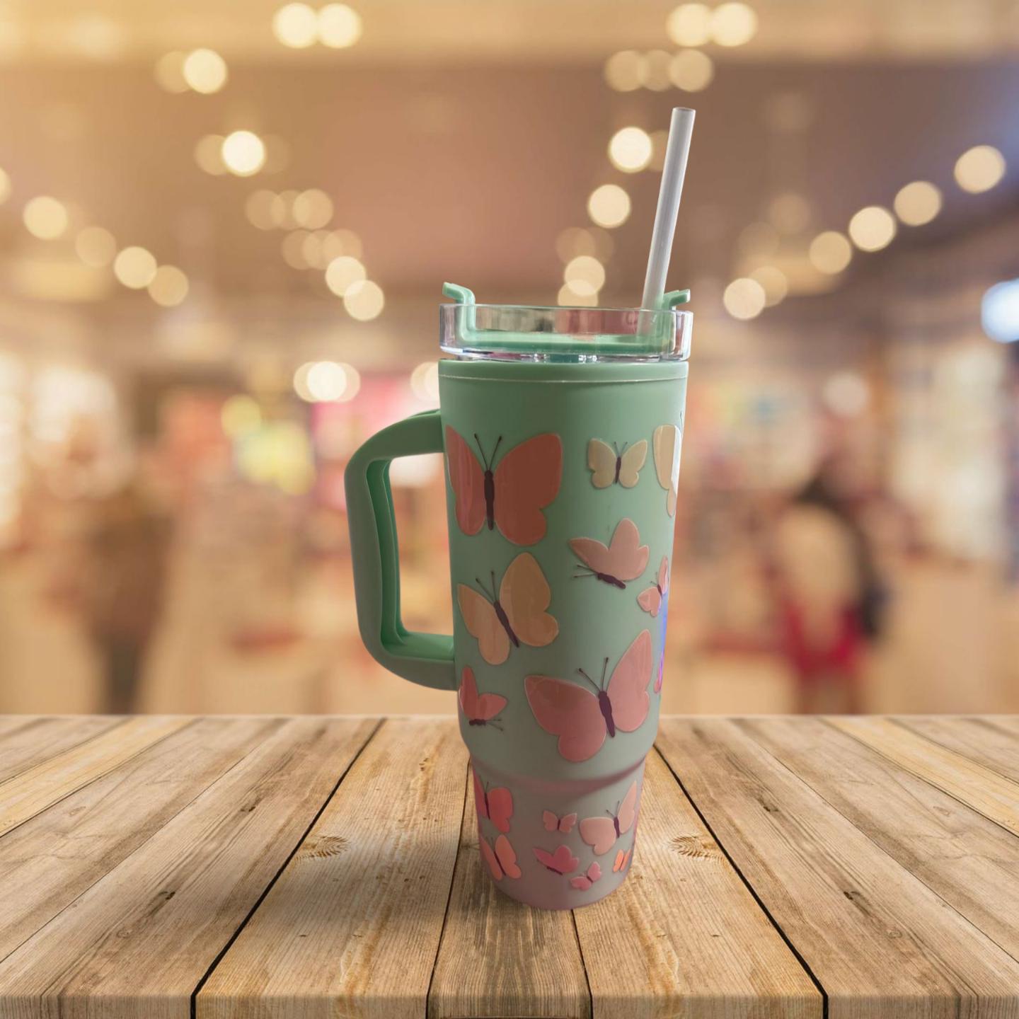 Versatile 20 oz Plastic Tumbler with Handle and Twist Lid - Available in Multiple Colors- Butterflies